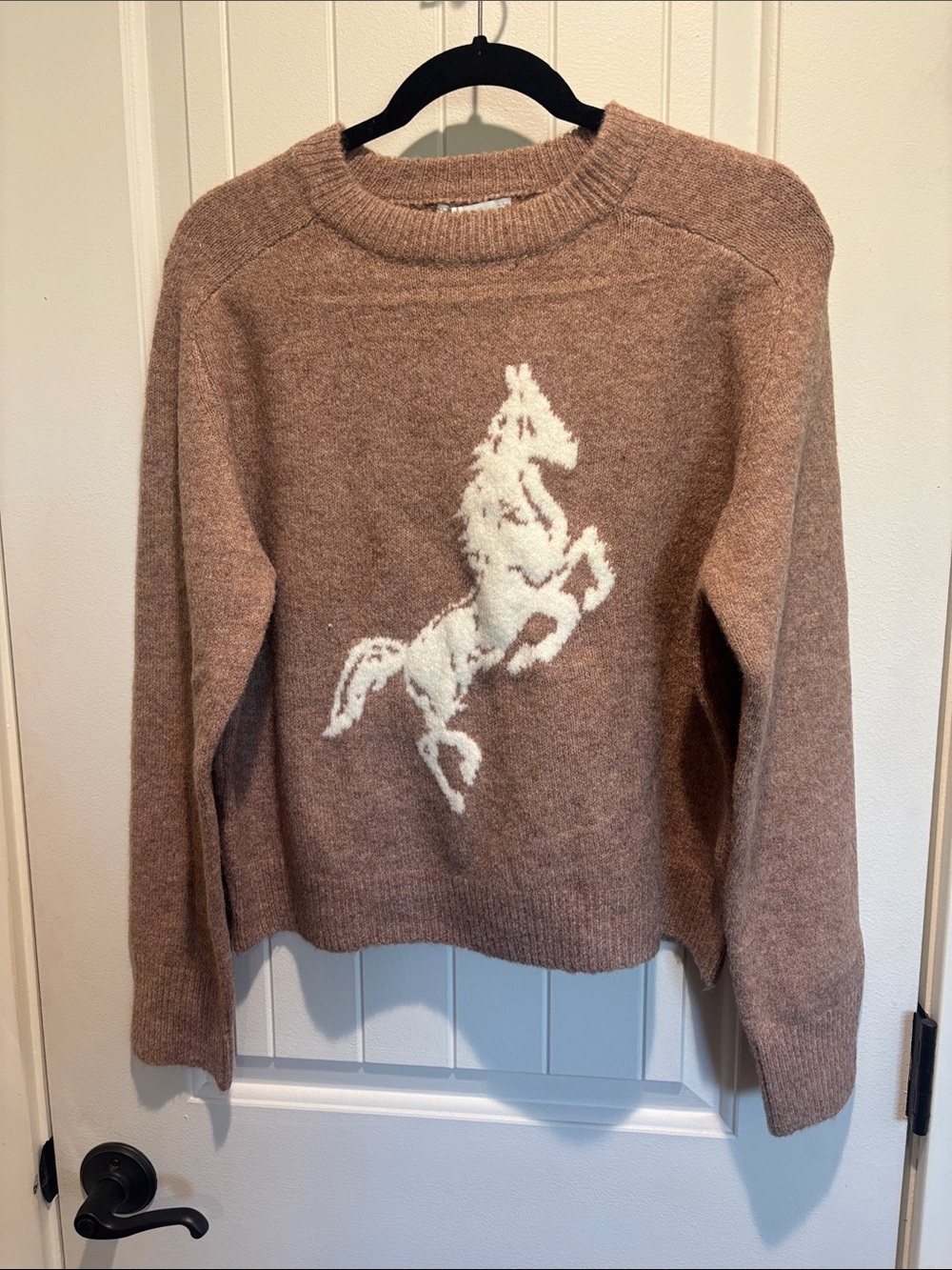 Miracle Taupe Crewneck Sweater with White Rearing Horse Intarsia